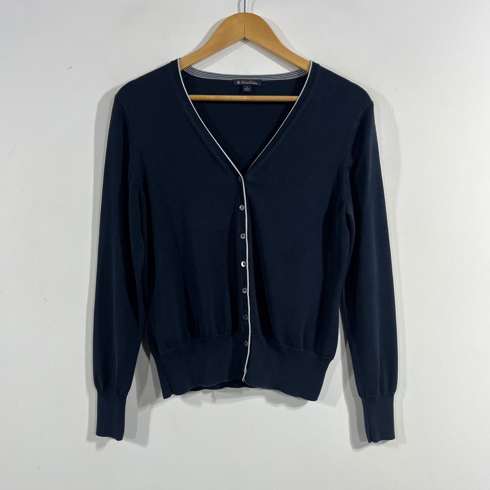 Brooks Brothers Academia Old Money Silk Cotton V-Neck Cardigan Navy Womens Large